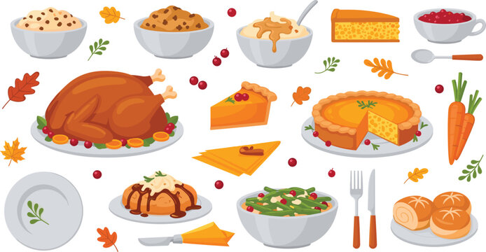 Professional Thanksgiving Dinner and Traditional Food Vector Set Featuring Roasted Turkey Pumpkin Pie Mashed Potatoes and Cranberry Sauce for Holiday Designs