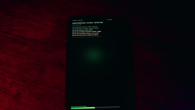Smartphone Screen Displaying Unauthorized Access Detected Log With System Messages And Security Alerts In Dark Environment Representing Real Time Cyber Attack And Data Breach Monitoring