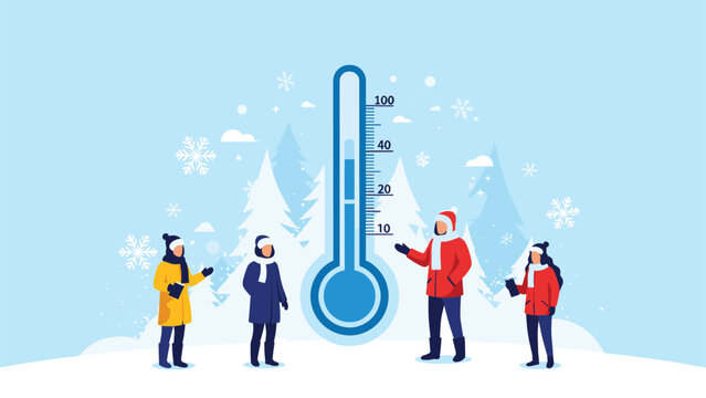 Group of people warmly dressed in winter clothing, standing around a large thermometer in a snowy landscape, discussing cold weather and low temperatures.