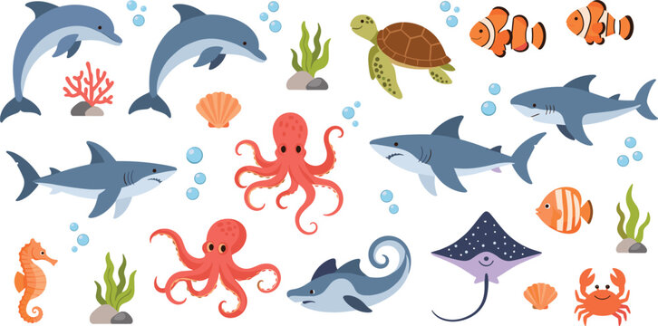 Professional Marine Life and Underwater Creatures Vector Set Featuring Sharks Dolphins Octopus Sea Turtle and Stingray for Ocean Designs