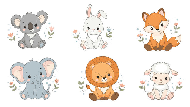 Adorable collection of six cute baby animals, including a koala, bunny, fox, elephant, lion, and lamb, each surrounded by delicate flowers.