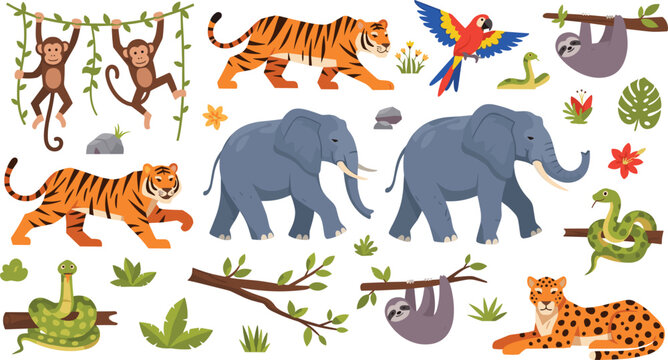 Professional Jungle and Tropical Wildlife Vector Set Featuring Tigers Elephants Monkeys Sloths Snakes and Leopard for Nature Designs