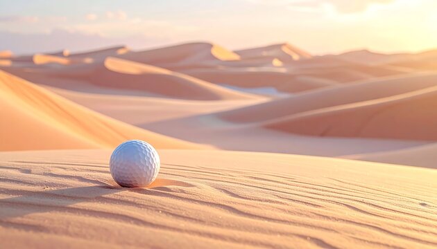 A pristine white sphere rests on rippled, golden sand dunes. Soft sunlight bathes the scene, highlighting textures, contours, and a vast, undulating landscape