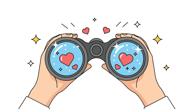 Hands holding binoculars with sparkling lenses reflecting bright red hearts, symbolizing the enthusiastic search for love, romance, and new connections.