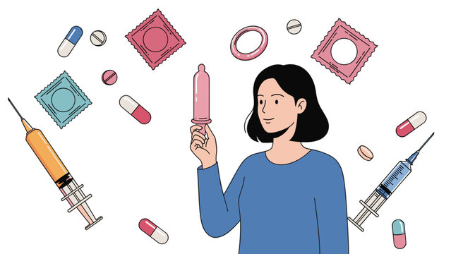 Woman holding a condom, surrounded by various contraceptives and birth control methods like pills and injections, emphasizing sexual health and family planning.