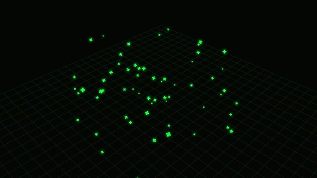 Glowing High-Tech 3D Isometric Neon Green Plus Sign Rotating Wireframe Animation