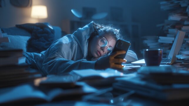Teenager exhausted by latenight studying with scrolling phone amidst messy desk.