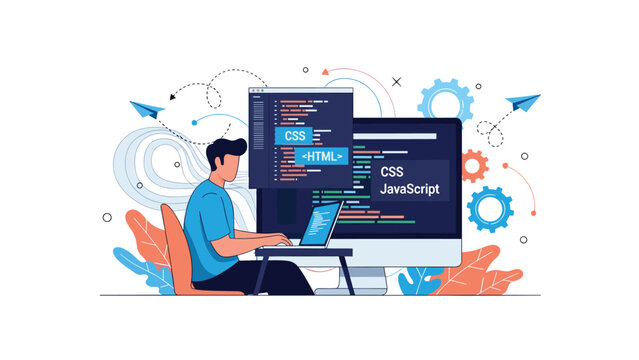 Focused man working on web development, coding HTML, CSS, and JavaScript on a laptop and desktop, demonstrating front-end programming and digital creation.