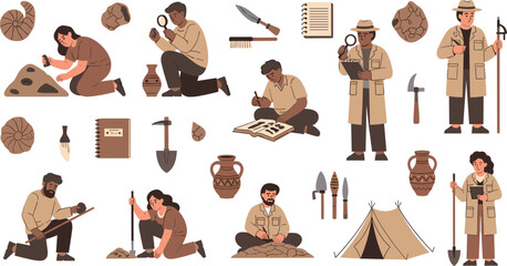 Professional Archaeologists and Historical Research Vector Set Featuring Scientists Digging For Fossils Analyzing Ancient Pottery and Using Tools for Education Designs © sojibislam