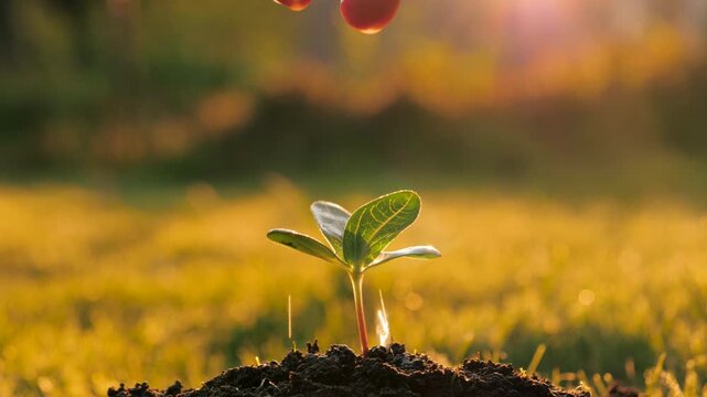 Sunlit tree sprout being carefully tended by gardener. Brightly lit trees seedling growing with gentle hands tending it. Hand of nurturing gardener watering and cares for young plant during sunset