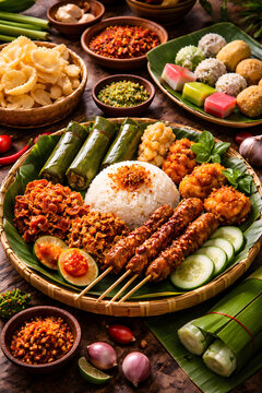 Indonesian Traditional Food Nasi Campur with Satay