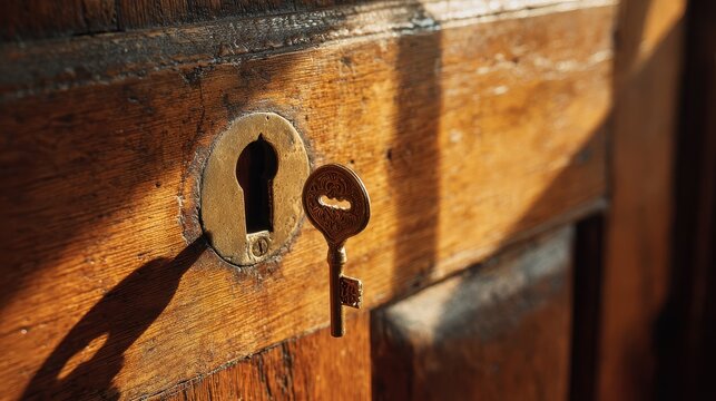 Close up of a vintage brass skeleton key inserted into an ornate wooden door lock with dramatic sunlight casting long shadows across the textured surface highlighting dust particles