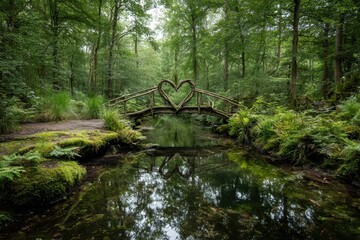 Fototapeta premium Nature love bridge: a heart-arched wooden crossing framed by green trees and a clear stream