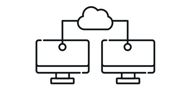 Cloud computing connection icon: two desktop computers synced via cloud network, black line vector illustration.