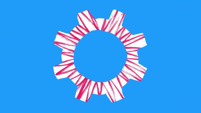Vibrant 2D animation of gear filled with red zig zag scribbles rotating on bright blue background. Creative pop art style mechanical wheel loop for artistic projects, energetic motion graphics and pla