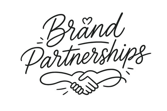 Stylized Handwritten Partnerships. Brand Partnerships ? brush script hand-lettering with fluid semi-cursive strokes, thin connectors, fast brush accents;