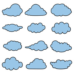 Fototapeta premium Hand-drawn cartoon set of blue clouds on a white background.