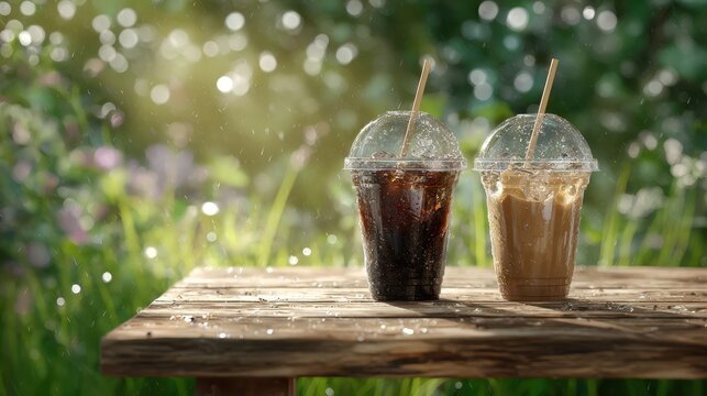 Two iced coffee takeaway cups on a rustic wooden table in a sunlit garden