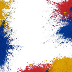 Naklejka premium Red blue and yellow dry powder explosion isolated on transparent background, vibrant multicolor dust splash for holi festival design png