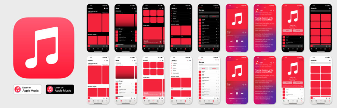 Mockup of the Apple Music mobile application interface displayed on smartphone screens in both dark and light modes.	