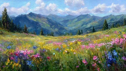 Obraz premium Pastoral Mountain Flower Scene: Oil Painting Emphasizing Vegetation and Sky