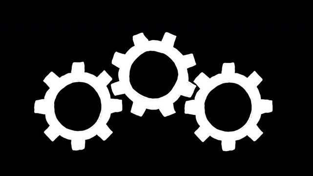 2D animated loop featuring three clean white outlined gears spinning in sequence on black background. Minimalist and technical style mechanical cogwheel loop is perfect for schematic diagrams, technic