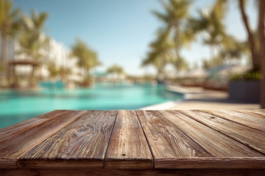 Wooden table at poolside on a tropical beach resort with a blurred turquoise pool in the background