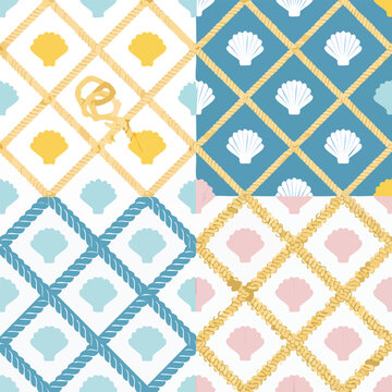 Seamless seashell pattern design with rope grid on colorful backgrounds