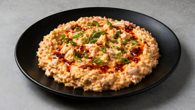 Matte black plate features crab rangoon dip topped with chili oil drizzle creating contrast and dramatic visual tension