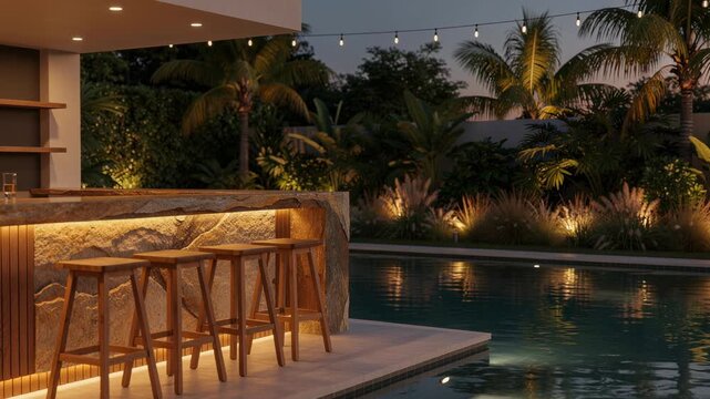 Cozy outdoor poolside bar with wooden stools and ambient lighting surrounded by tropical plants at dusk
