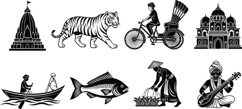Indian culture icons collection with temple Taj Mahal tiger rickshaw boat fish market sitar architecture wildlife transportation tradition vector illustration design