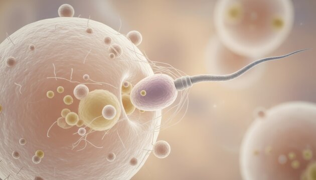 Sperm cell entering an egg cell, illustrating the moment of fertilization and the start of a new life, representing fertility treatments and reproductive science