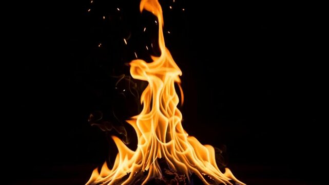 A vibrant flame rises upwards in a dark environment with sparks flying around it