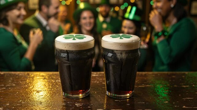 Two pints of dark beer with shamrock foam art celebrating St Patrick's Day in a lively pub
