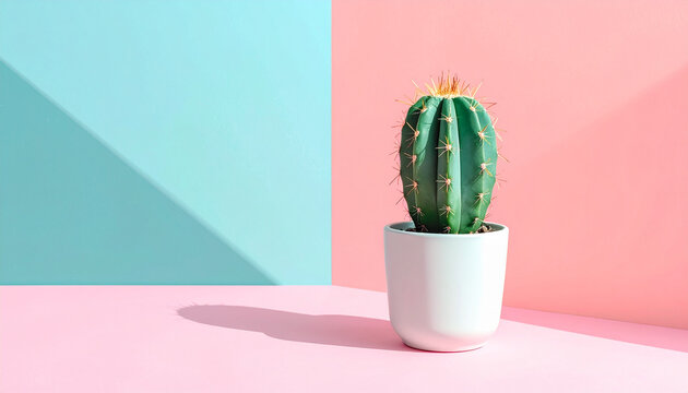 Cactus in a white pot against colorful