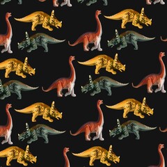 Seamless pattern with dinosaurs: triceratops and long-neck sauropod on dark background. Bright detailed illustration, prehistoric animals, kids design, repeating background for textile and print. © Aneta