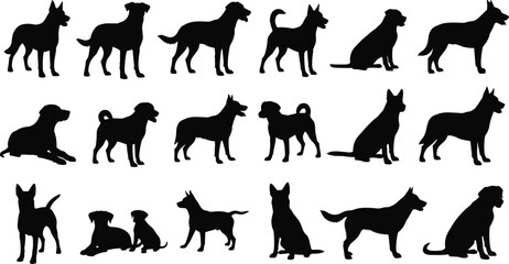 Fototapeta premium Collection of dog silhouettes, various breed icons, puppy poses, canine vector graphics for pet shop branding, veterinary clinic designs, and animal