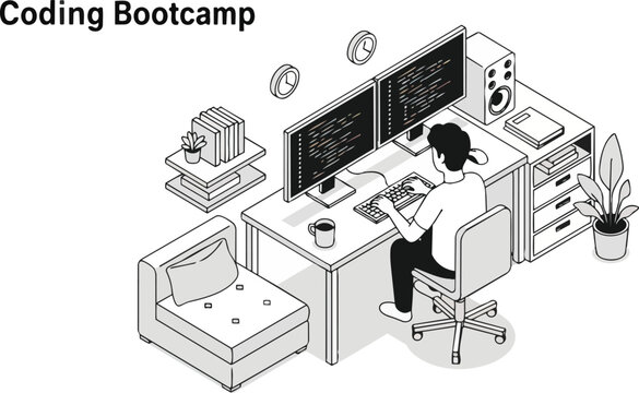 Isometric Coding Bootcamp Illustration: Software Developer Programming at Modern Workspace with Dual Monitors