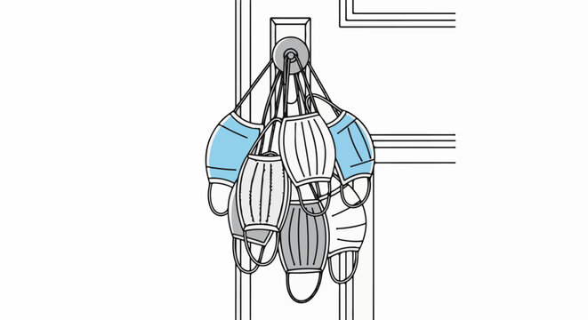 Surgical masks hanging from a doorknob, a collection for safety and health