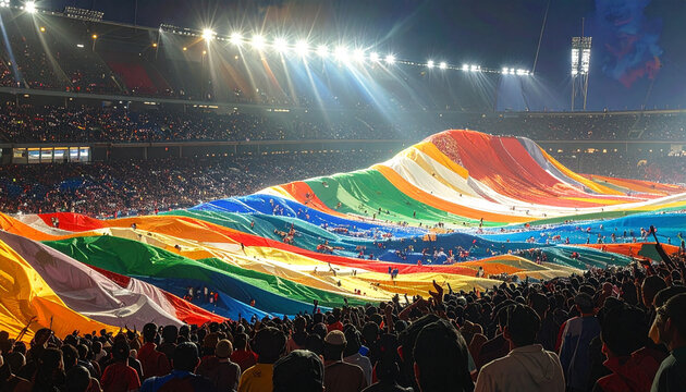 Large colorful fabric in stadium