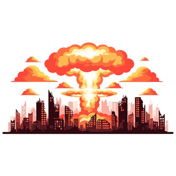 Nuclear explosion over ruined city skyline, mushroom cloud, destruction, apocalypse concept