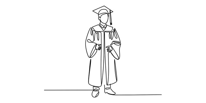 A single continuous line drawing of a graduate student wearing a cap and gown for a ceremony Vector, illustration