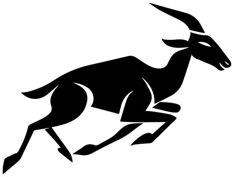 A black silhouette of a pronghorn antelope in mid stride