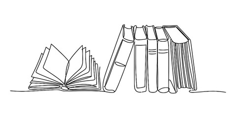 A single line drawing representing an open book beside a row of stacked upright library books Vector, illustration © Bobita
