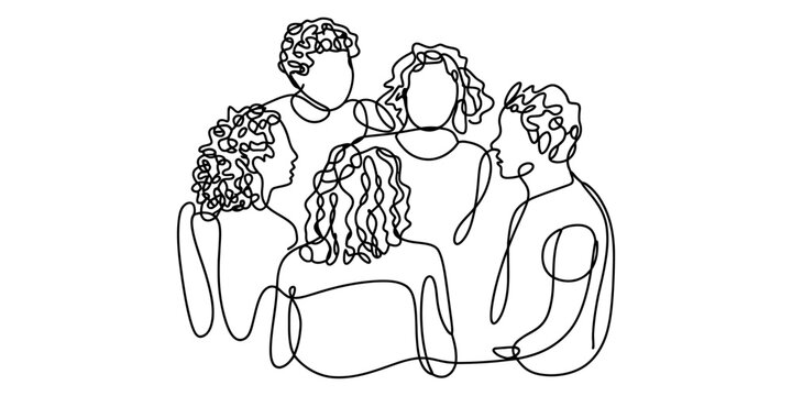 A minimalist single line drawing illustration of a group of four people talking in a small circle Vector, illustration