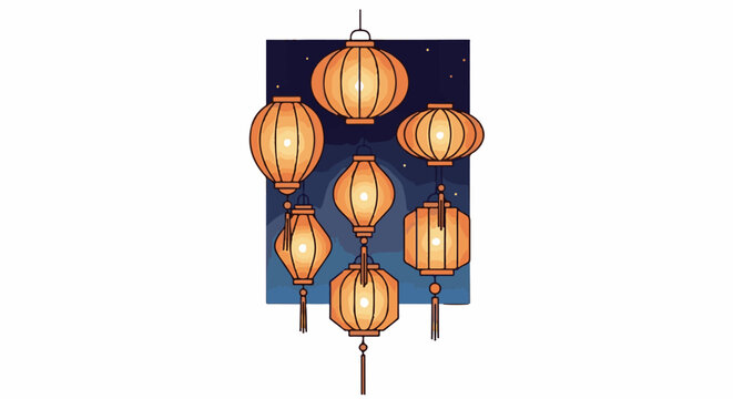 Illuminated orange lanterns hang against a dark night sky with stars