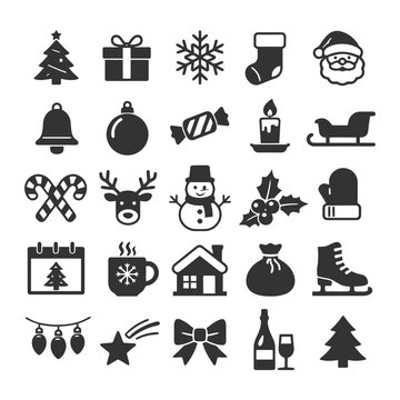 Christmas icons collection: trees, gifts, snowflakes, santa, and more holiday symbols.