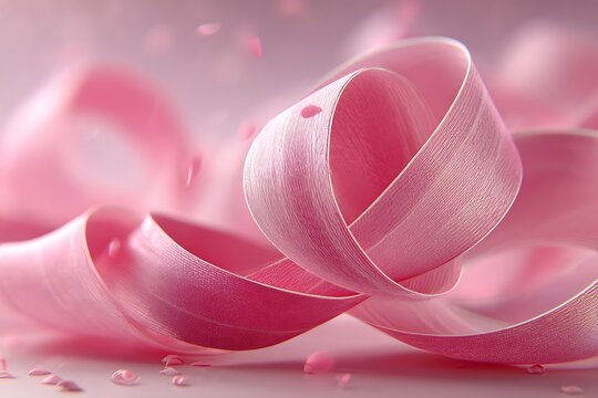 A pink ribbon curled up on a transparent background with confetti pieces scattered around it on transparent background