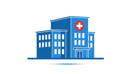 Obraz premium A blue hospital building with a red cross symbol on a white background, representing medical care and health services.