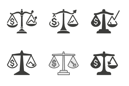 Inflation Deflation Icons. Inflation and deflation. Icon set. Set Logo of Inflation and deflation: scale balancing prices and value. harmonious logo variations